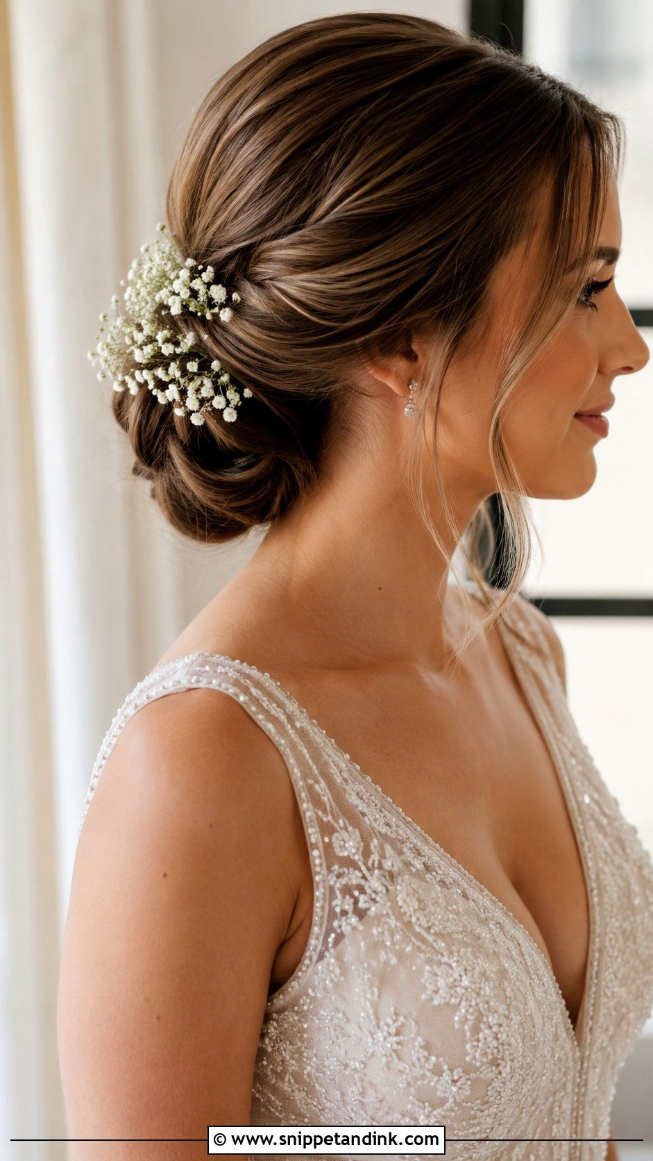 Low Bun With Babys Breath - Snippet and Ink - 20 Flower Wedding Hairstyles