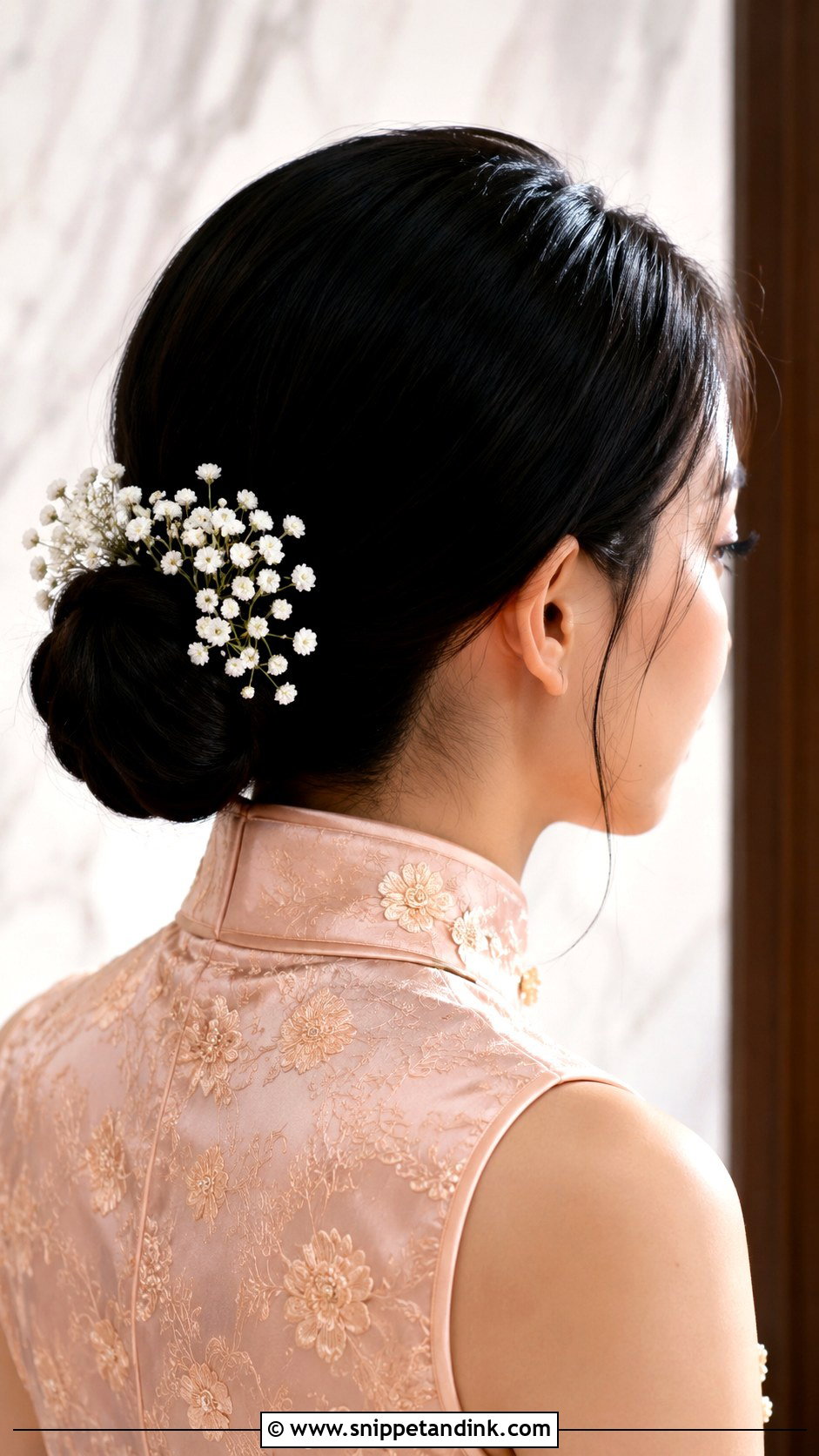 Low Bun With Babys Breath - Snippet and Ink - 20 Sangjit Hairstyle Ideas