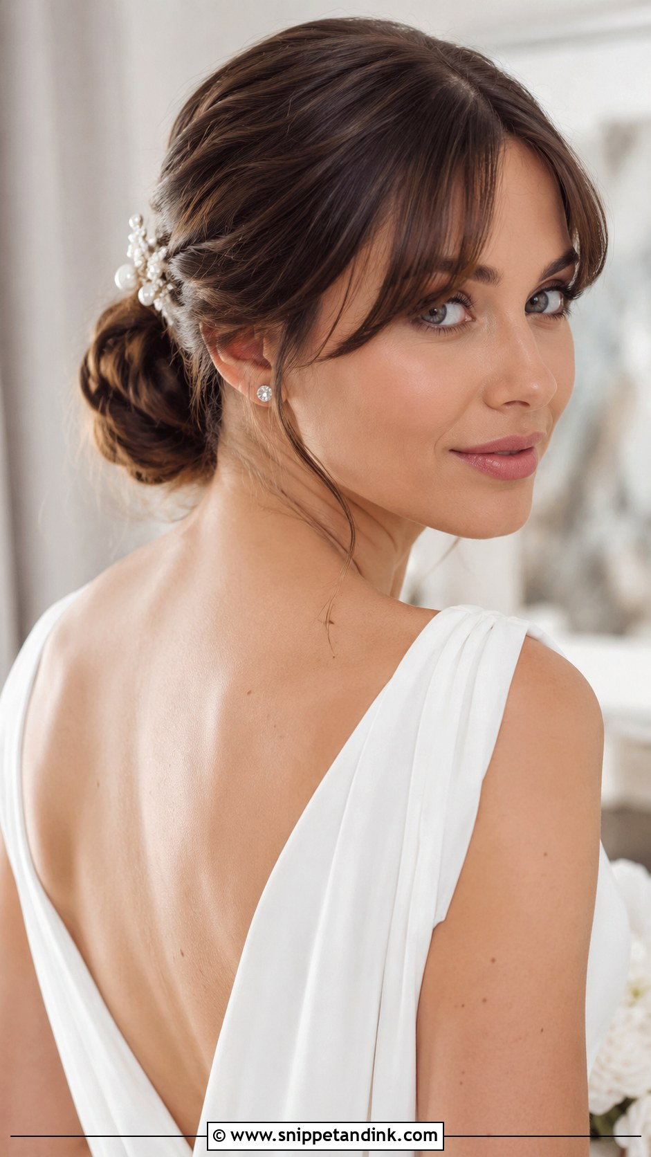 Low Bun With Bangs - Snippet and Ink - 35 Wedding Hair Updo Ideas