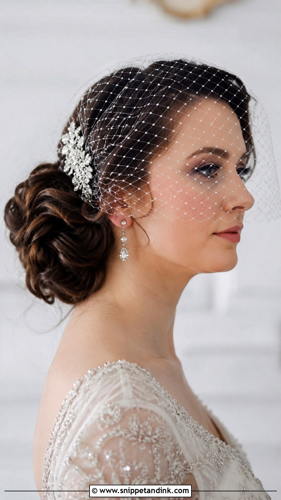 Low Bun With Birdcage Veil - Snippet and Ink - 25 Loose Low Bun Wedding Hair Ideas