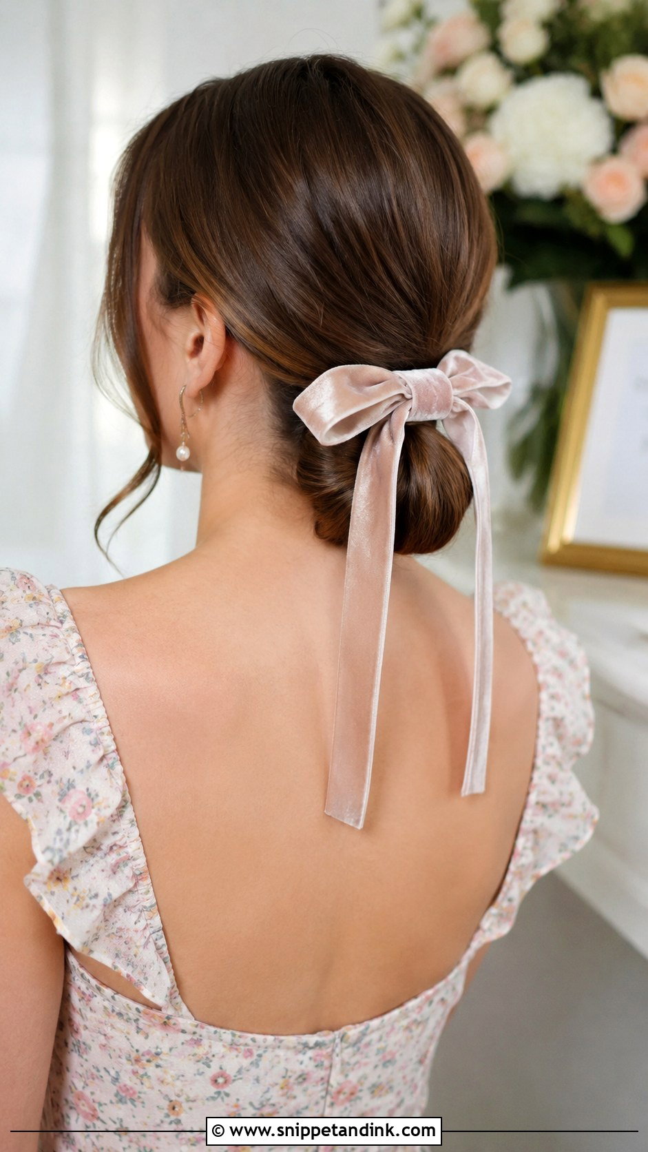 Low Bun With Bow - Snippet and Ink - 25 Wedding Guest Hair Inspo Ideas