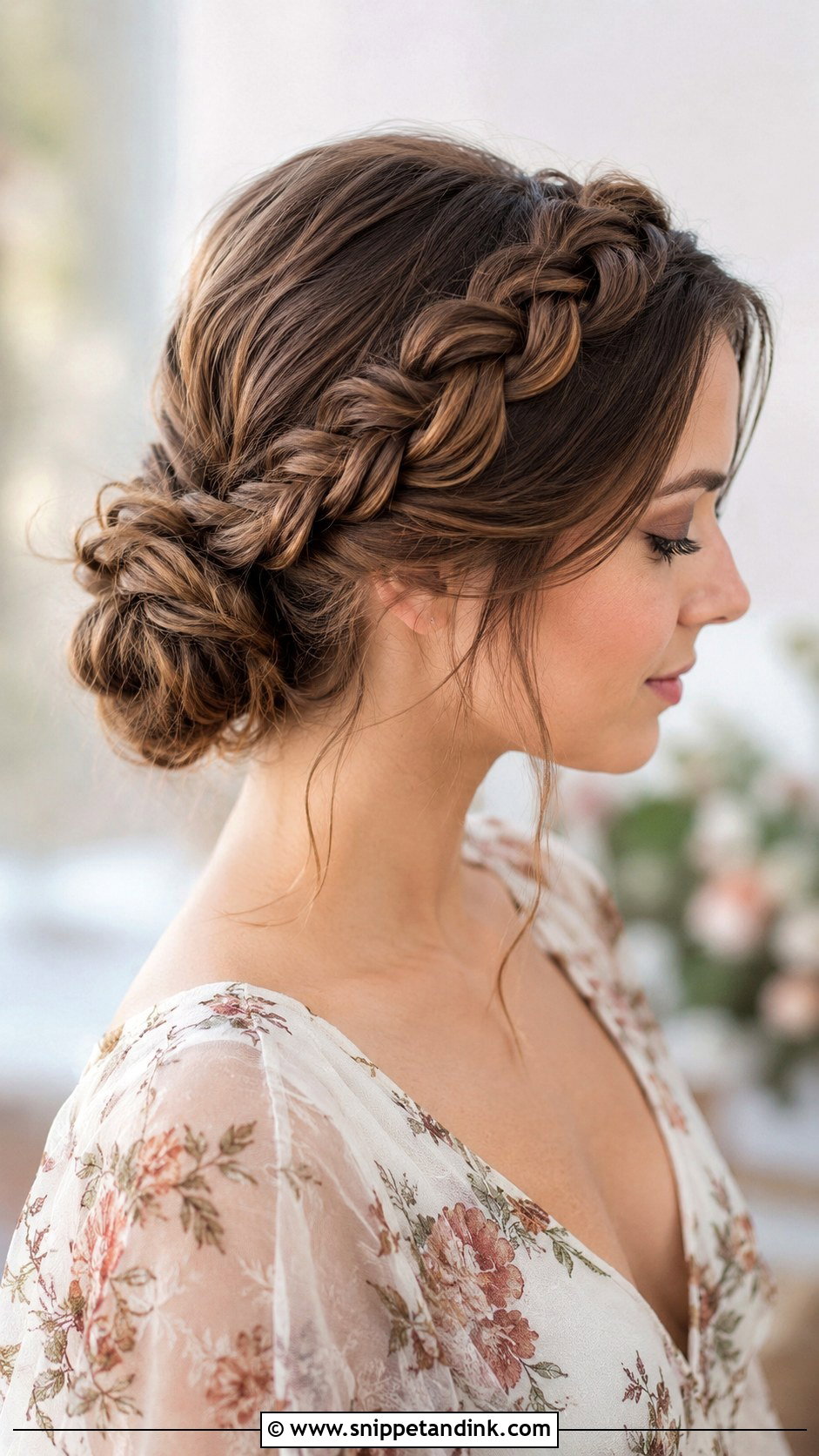 Low Bun With Braided Crown - Snippet and Ink - 20 Low Up Do Wedding Hair Ideas
