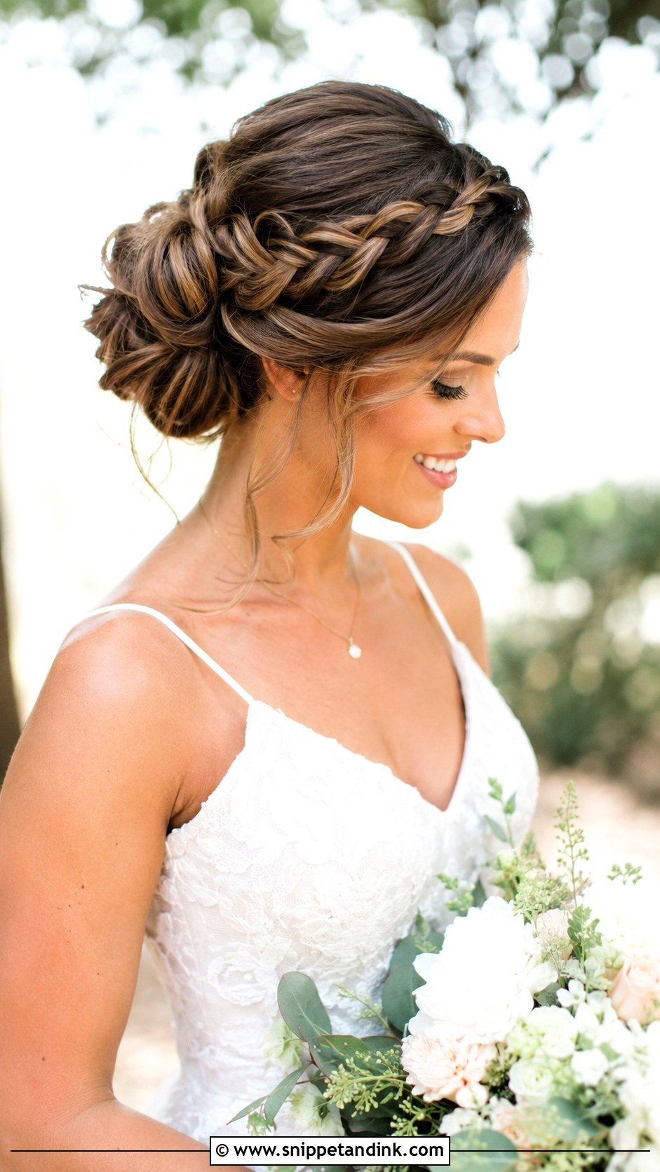 Low Bun With Braided Crown - Snippet and Ink - 25 Low Bun Wedding Hair Front View Ideas