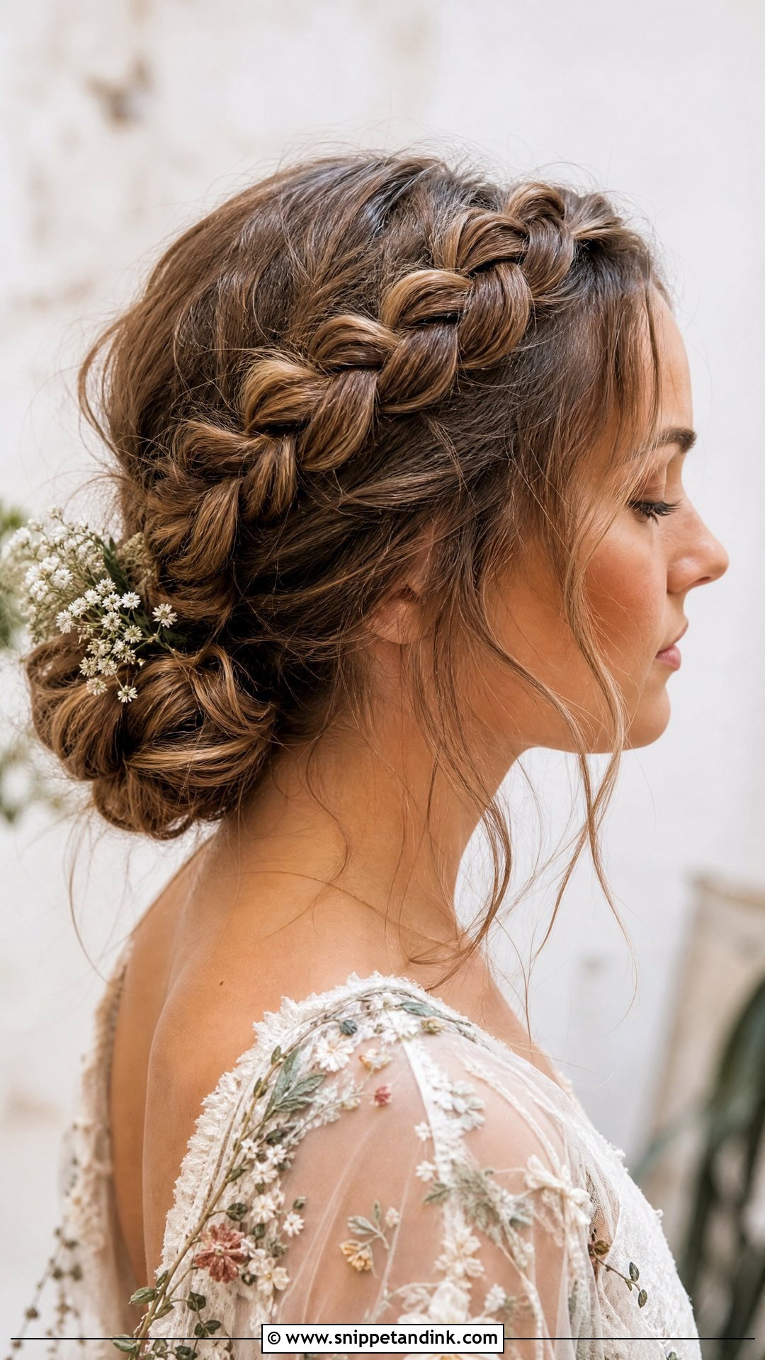 Low Bun With Crown Braid - Snippet and Ink - 20 Sleek Low Bun Wedding Hair Ideas