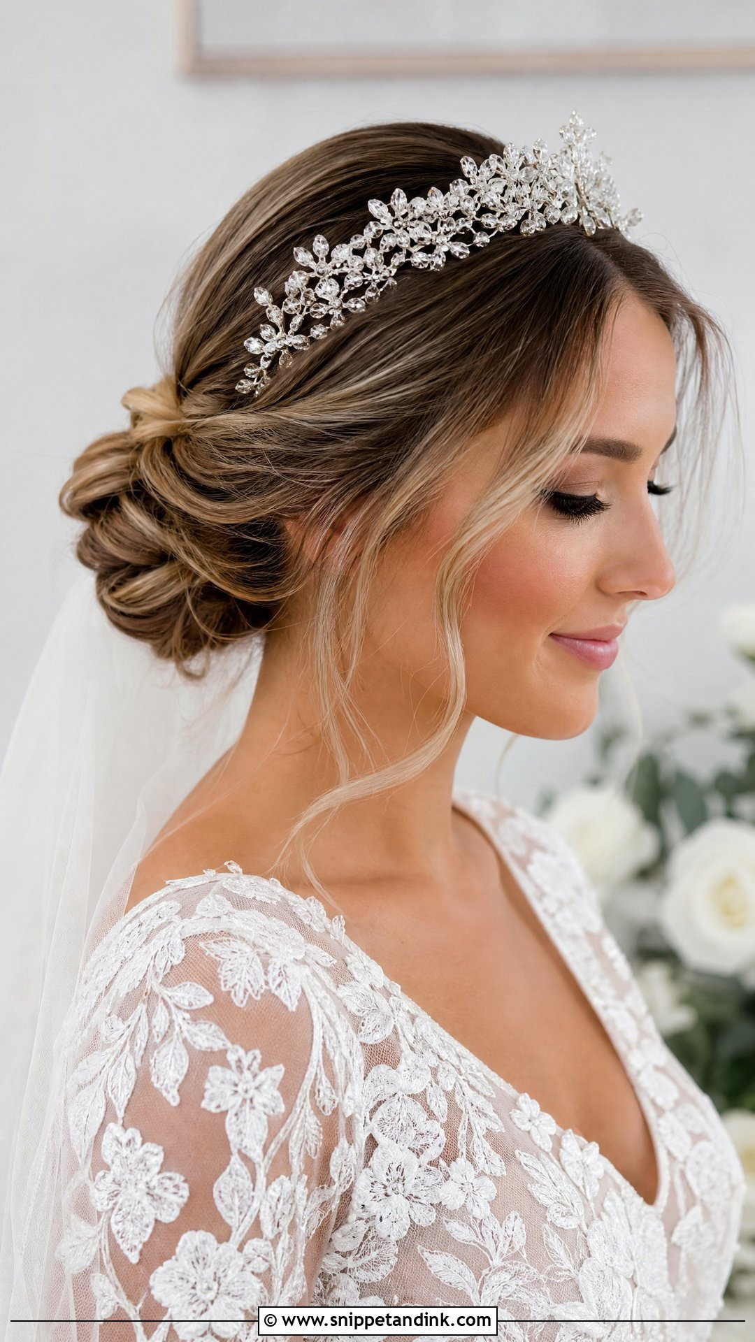 Low Bun With Crystal Crown - Snippet and Ink - 20 Bridal Hairstyle with Crown Ideas