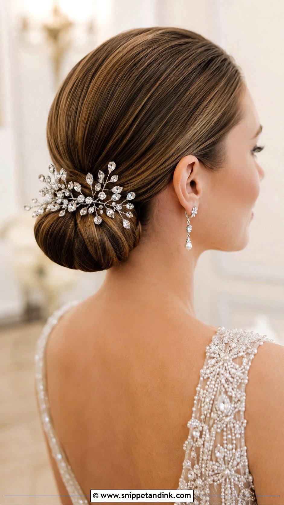 Low Bun With Crystal Hair Pins - Snippet and Ink - 25 Simple Low Bun Wedding Hair Ideas