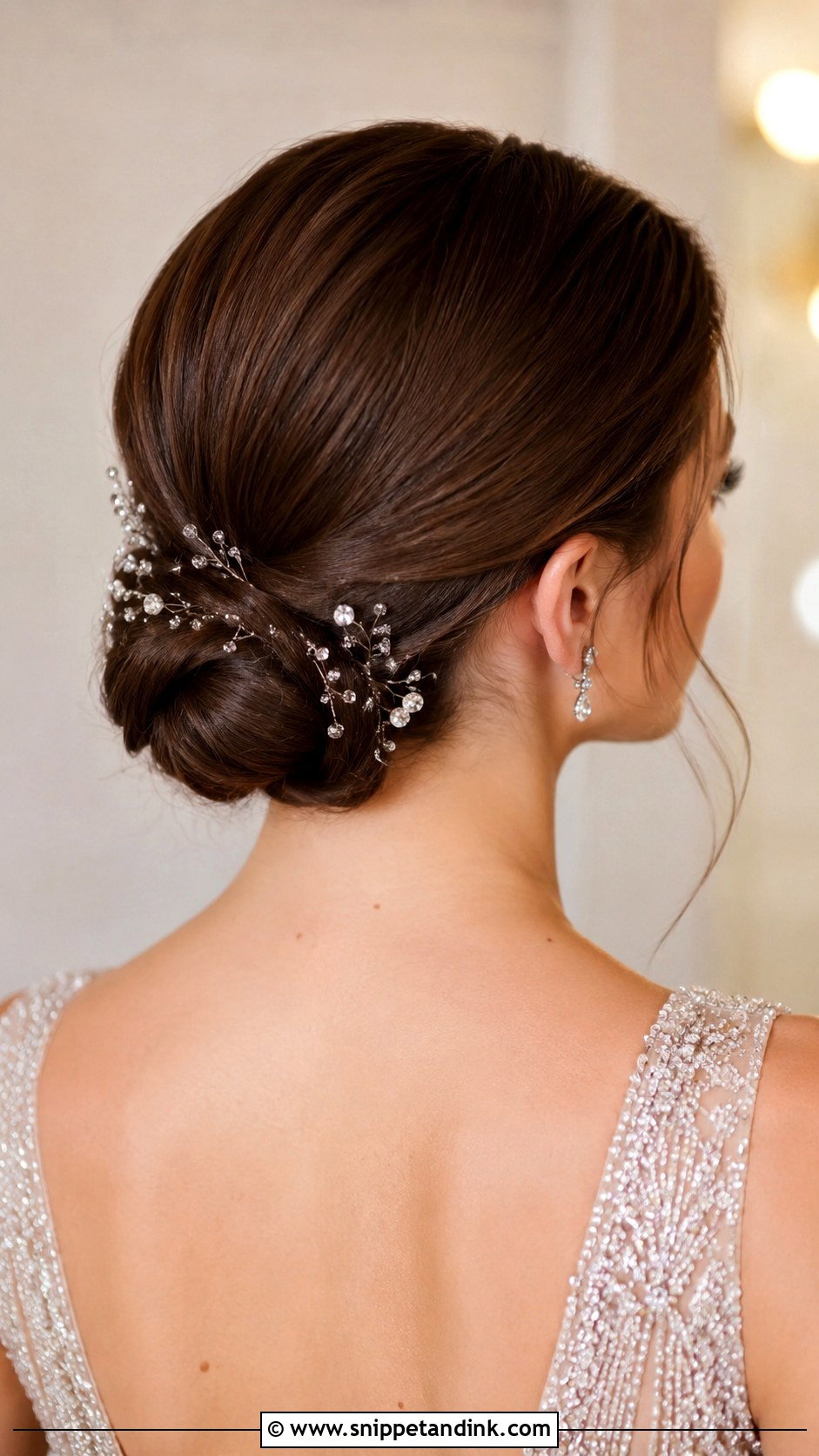 Low Bun With Crystal Pins - Snippet and Ink - 35 Low Bun Wedding Hair Ideas