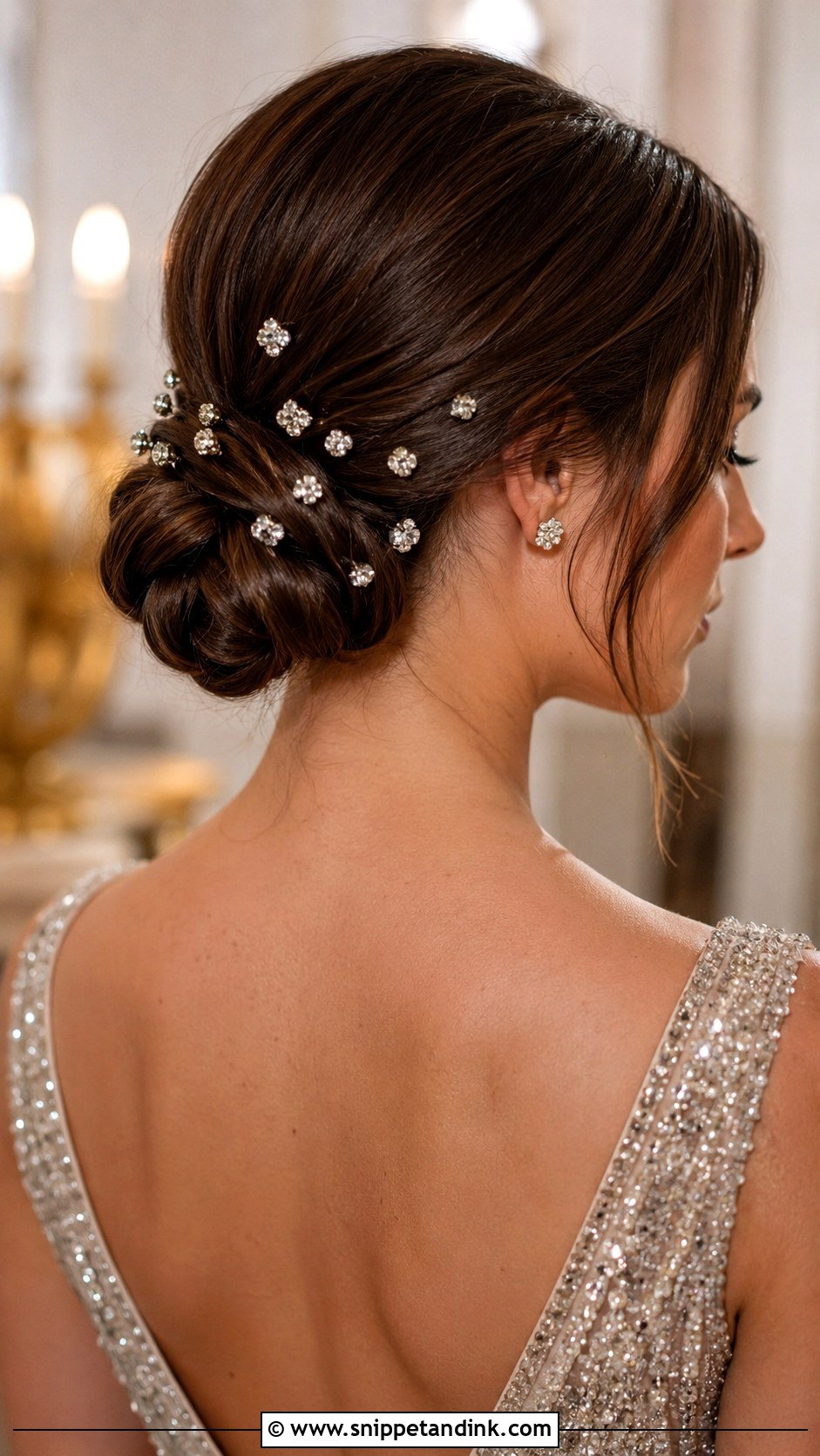 Low Bun With Crystal Pins - Snippet and Ink - 30 Low Updo Wedding Hair Ideas