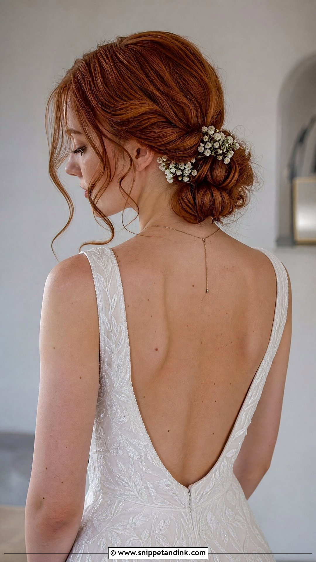 Low Bun With Curled Tendrils - Snippet and Ink - 20 Long Hair Bridal Hair Styles