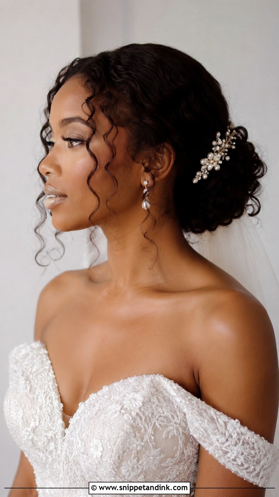 Low Bun With Curls for Black Brides - Snippet and Ink - 25 Bridal Hair Black Women Ideas