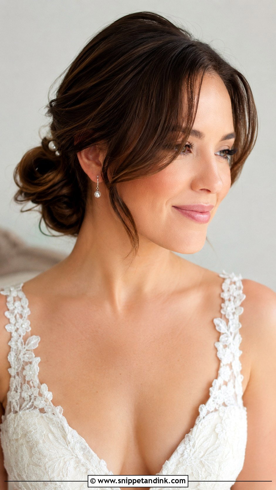 Low Bun With Curtain Bangs - Snippet and Ink - 15 Wedding Hairstyles for Bangs