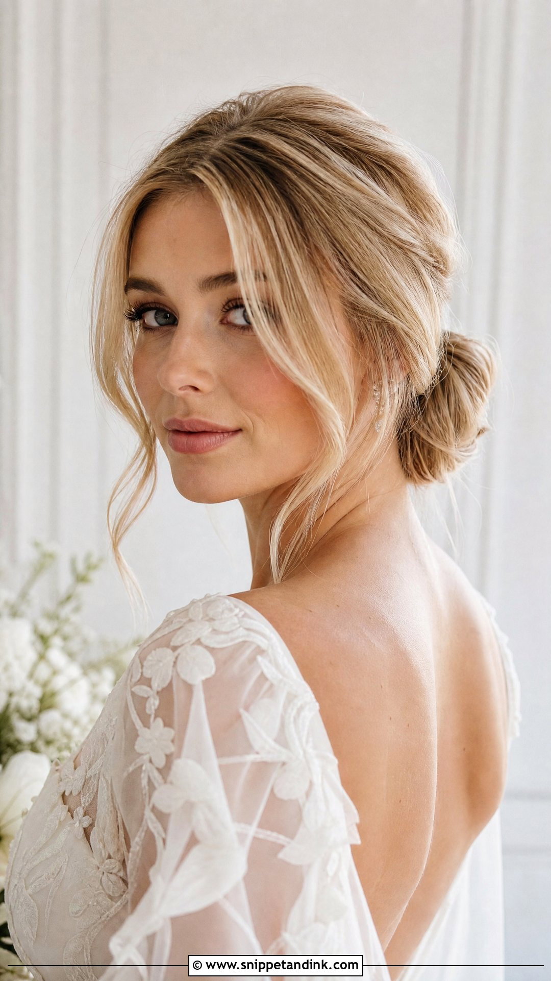 Low Bun With Curtain Bangs - Snippet and Ink - 20 Sleek Low Bun Wedding Hair Ideas