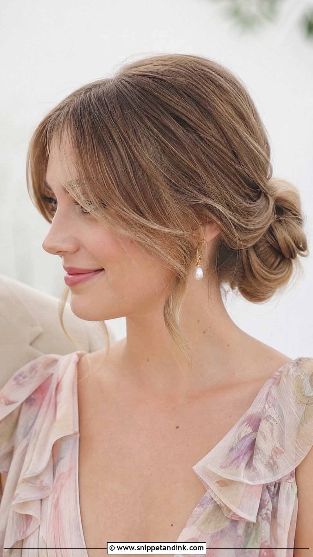 Low Bun With Curtain Bangs - Snippet and Ink - 20 Wedding Guest Hair with Bangs Ideas