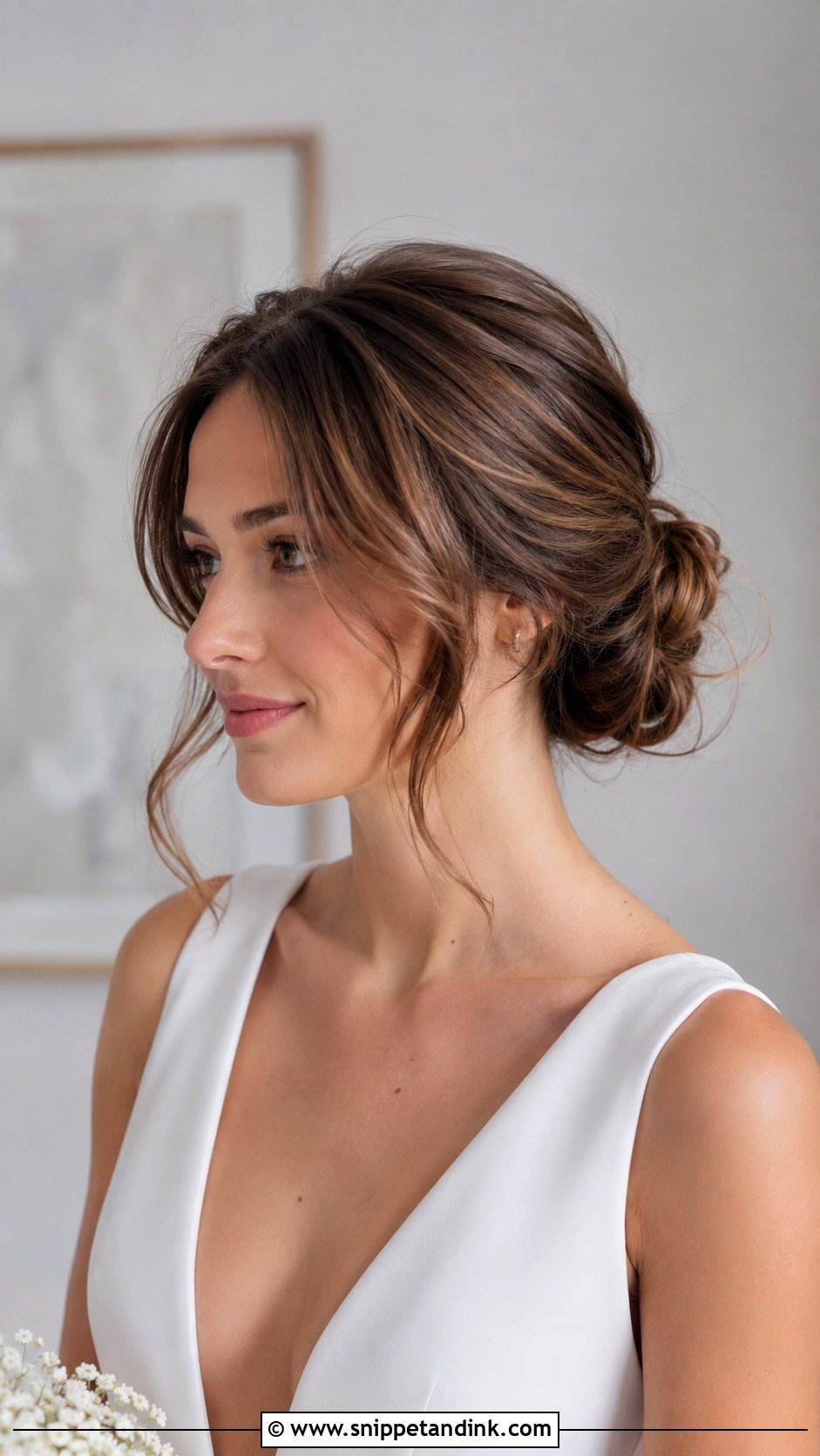 Low Bun With Curtain Bangs - Snippet and Ink - 25 Loose Low Bun Wedding Hair Ideas
