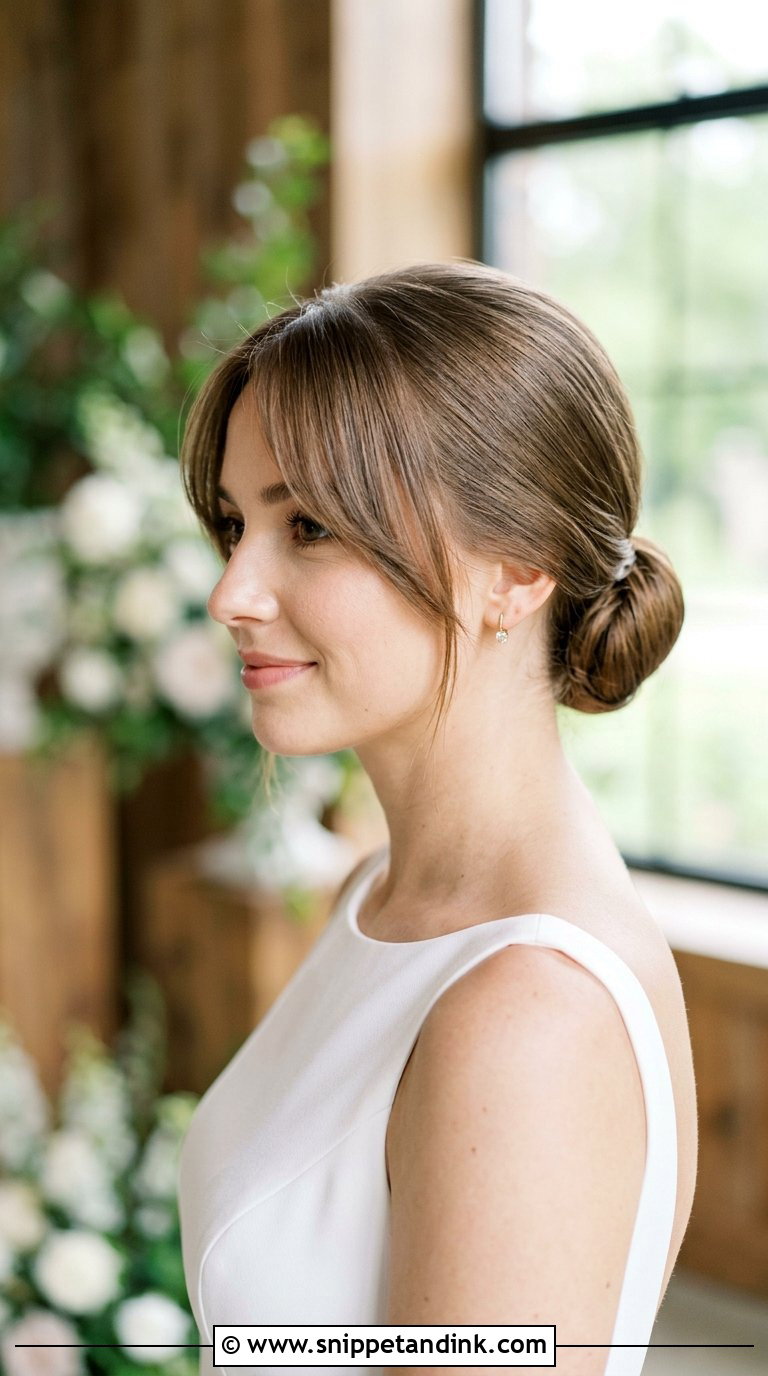Low Bun With Curtain Bangs - Snippet and Ink - 20 Bride Low Bun Hairstyles