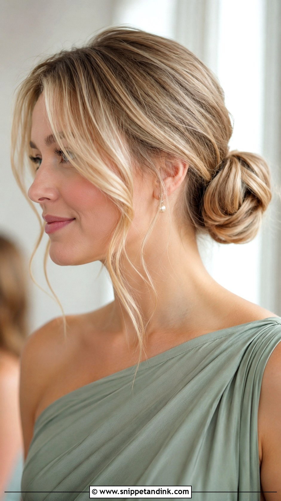Low Bun With Curtain Bangs - Snippet and Ink - 20 Bridesmaid Low Bun Hairstyles