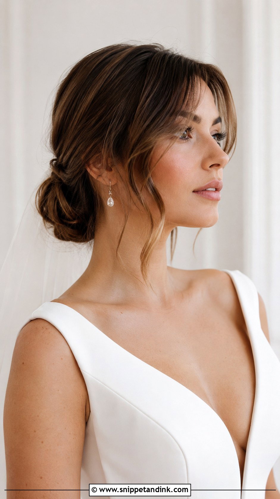 Low Bun With Curtain Bangs - Snippet and Ink - 20 Low Loose Bun Wedding Ideas