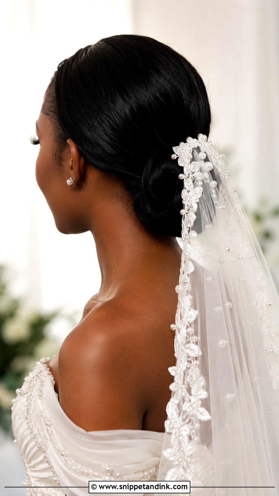 Low Bun With Embellished Veil - Snippet and Ink - 20 Low Bun Wedding Hair Black Women Ideas