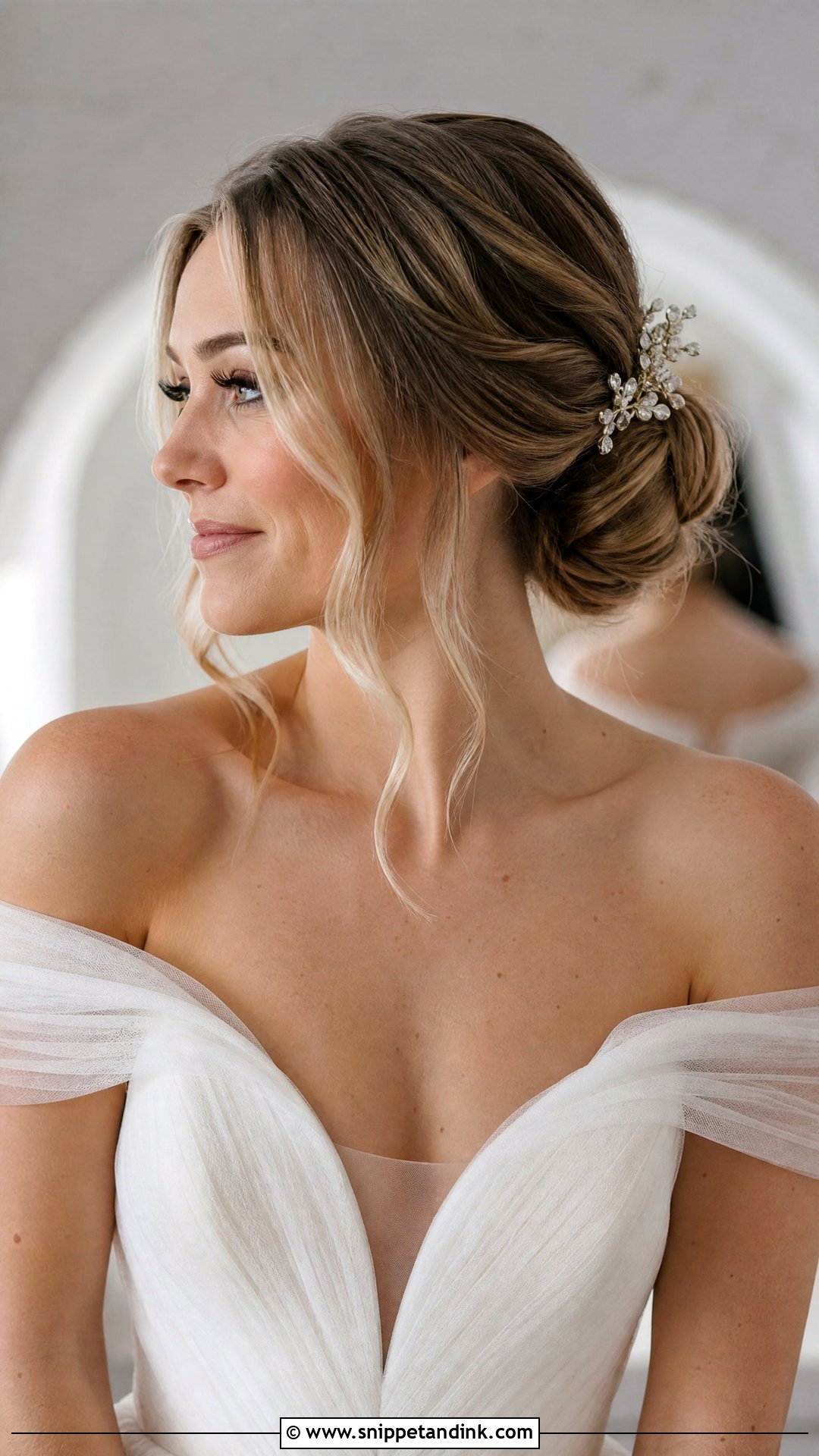 Low Bun With Face Framing Pieces - Snippet and Ink - 15 Big Forehead Wedding Hairstyles