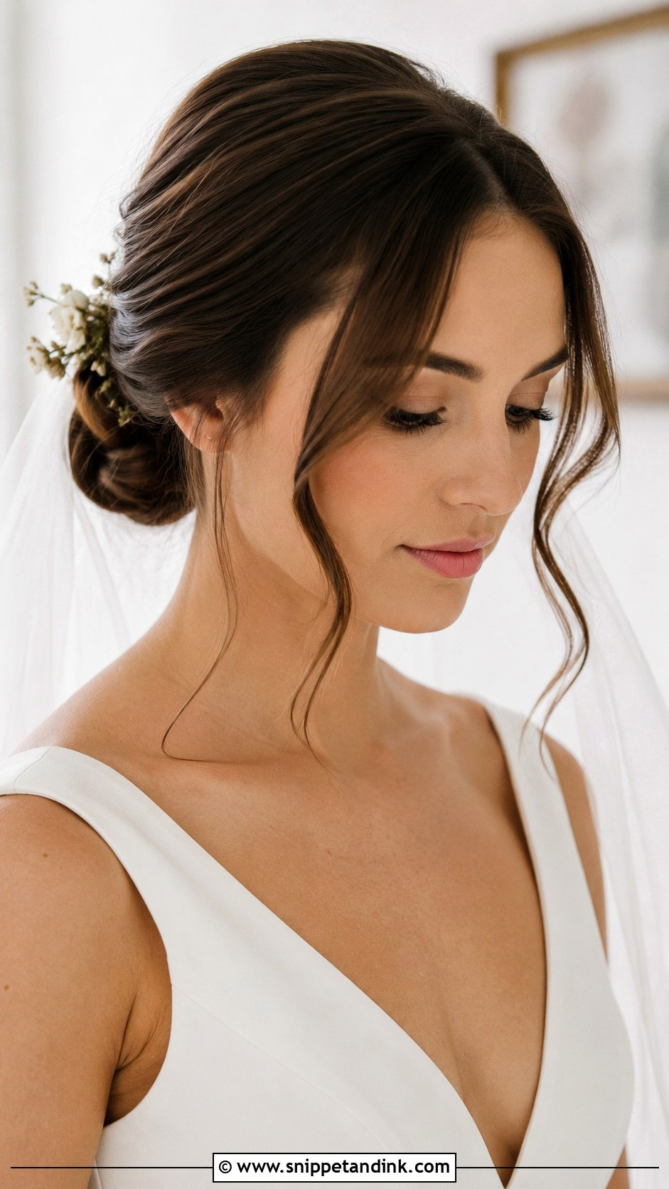 Low Bun With Face Framing Pieces - Snippet and Ink - 20 Dark Brown Wedding Hair Ideas