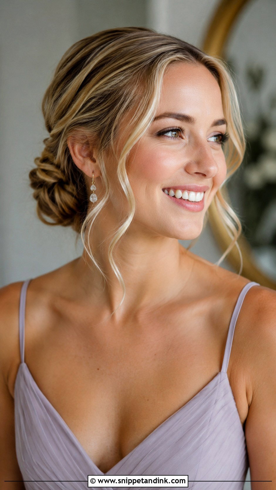 Low Bun With Face Framing Pieces Bridesmaid Hair - Snippet and Ink - 20 Low Updo Wedding Hair Bridesmaid Ideas