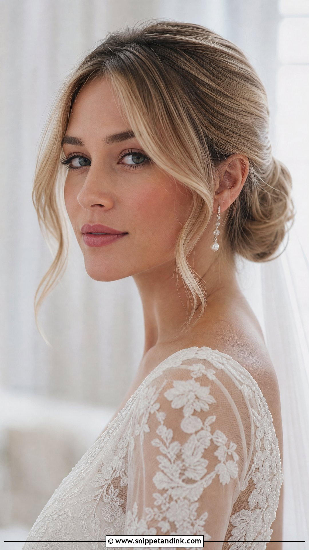 Low Bun With Face Framing Tendrils - Snippet and Ink - 20 Wedding Hair Inspo Ideas