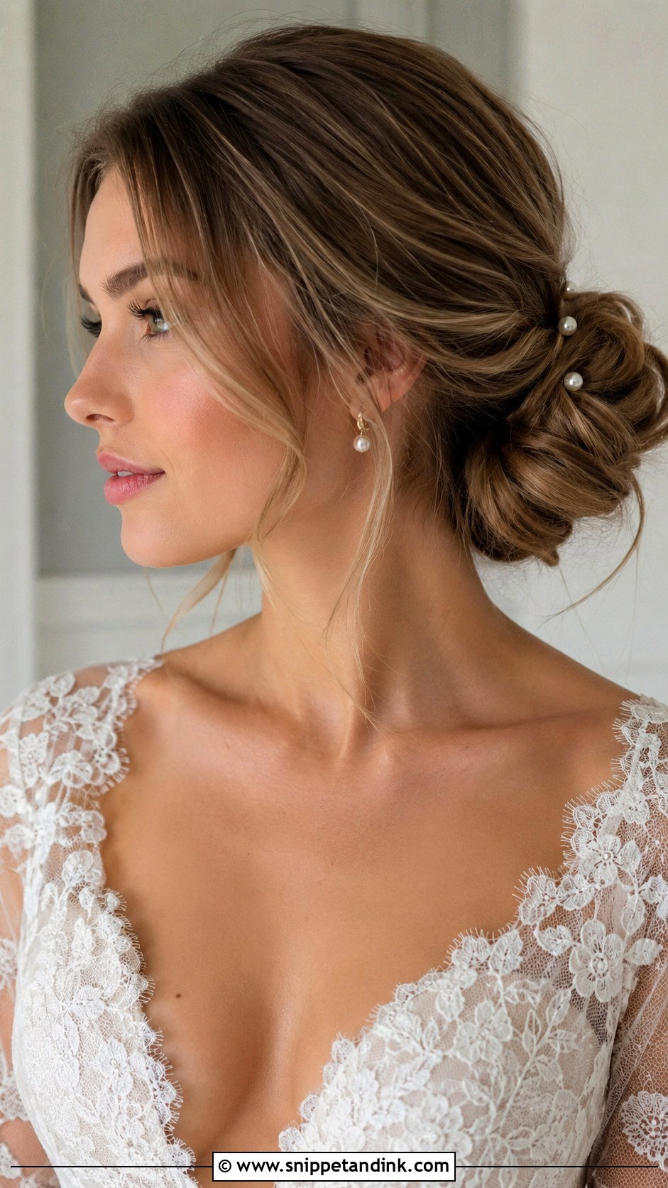 Low Bun With Face Framing Tendrils - Snippet and Ink - 25 Medium Length Wedding Hairstyles