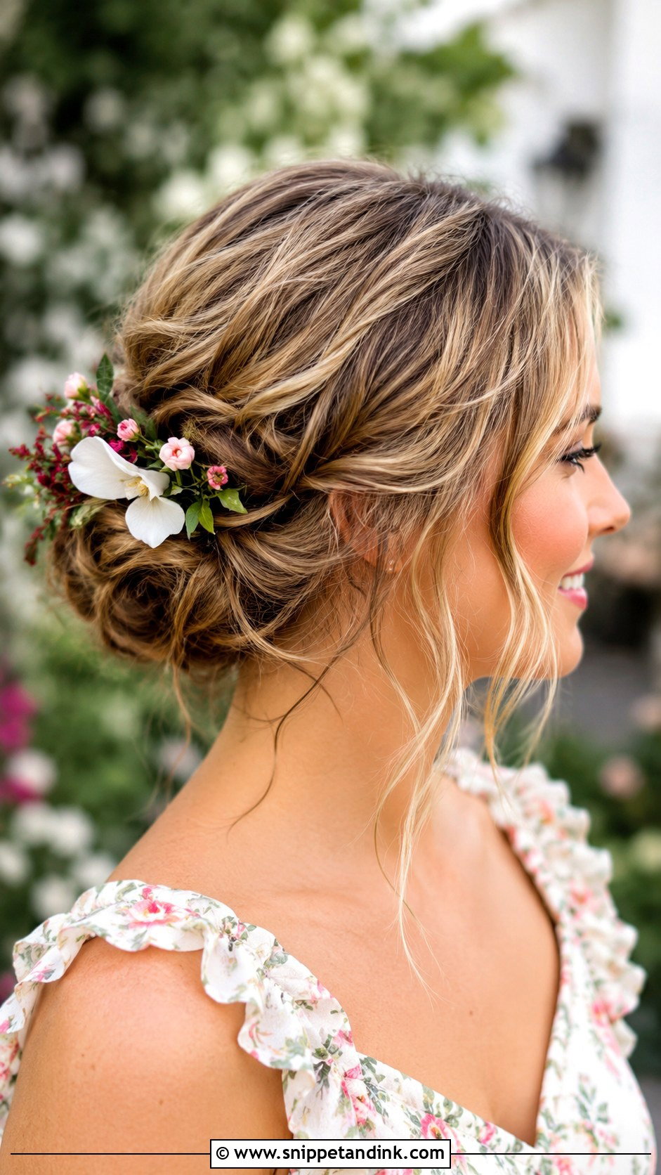 Low Bun With Floral Accents - Snippet and Ink - 30 Wedding Guest Updo Hairstyles