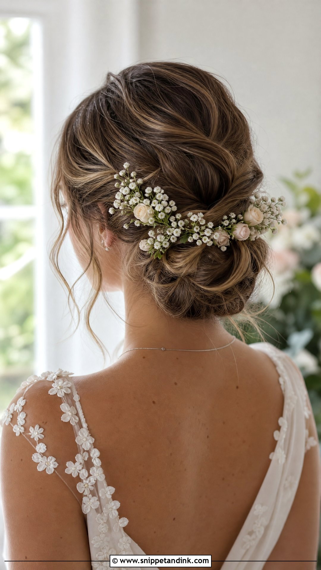 Low Bun With Floral Accents - Snippet and Ink - 20 Sleek Low Bun Wedding Hair Ideas