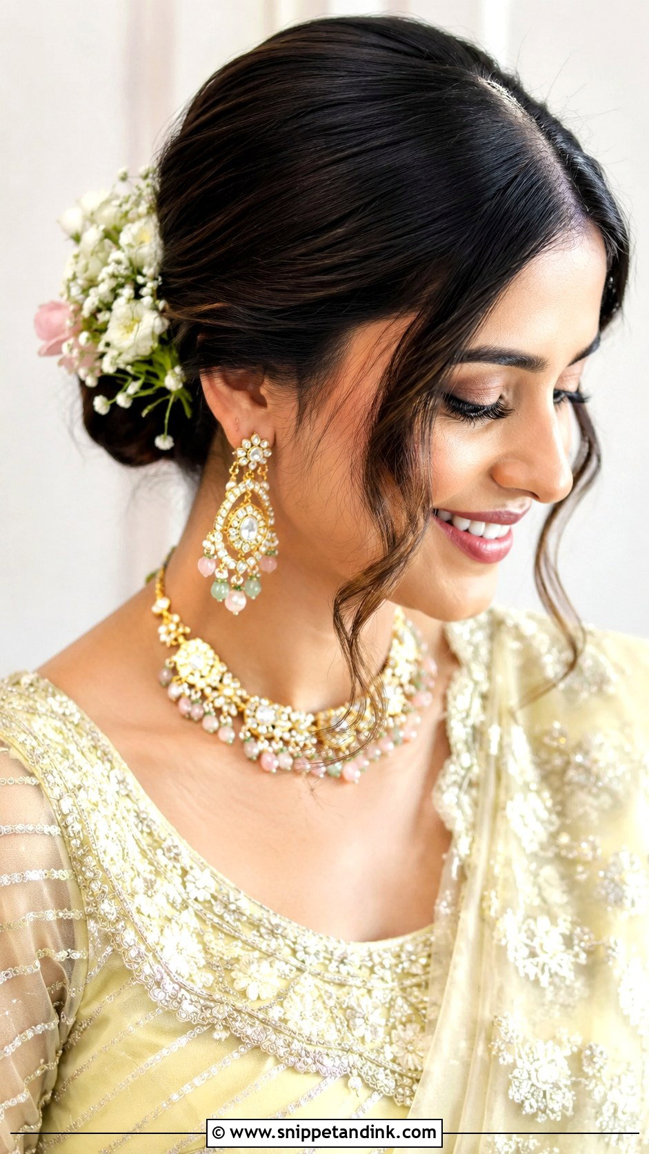 Low Bun With Floral Accessories - Snippet and Ink - 20 Pre Wedding Hairstyles