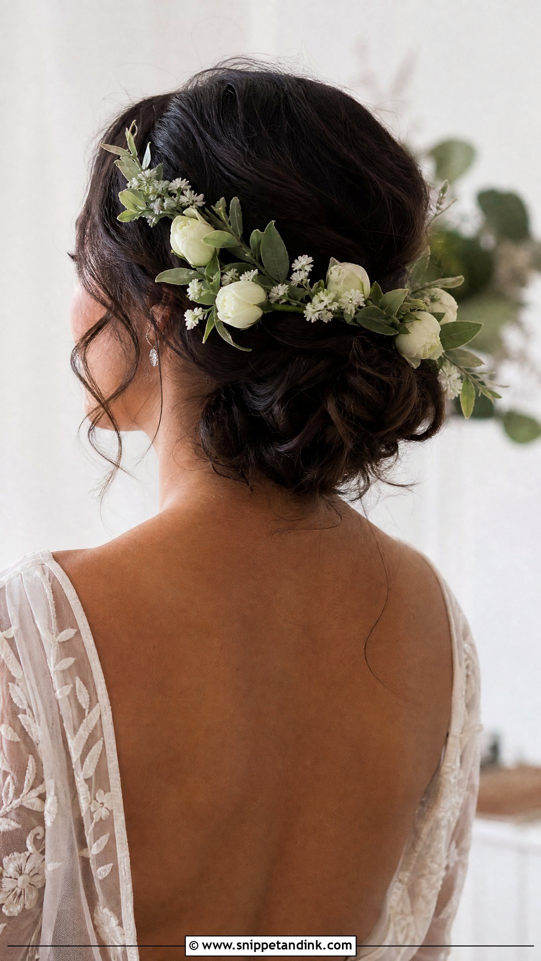 Low Bun With Floral Crown - Snippet and Ink - 20 Wedding Crown Hairstyles