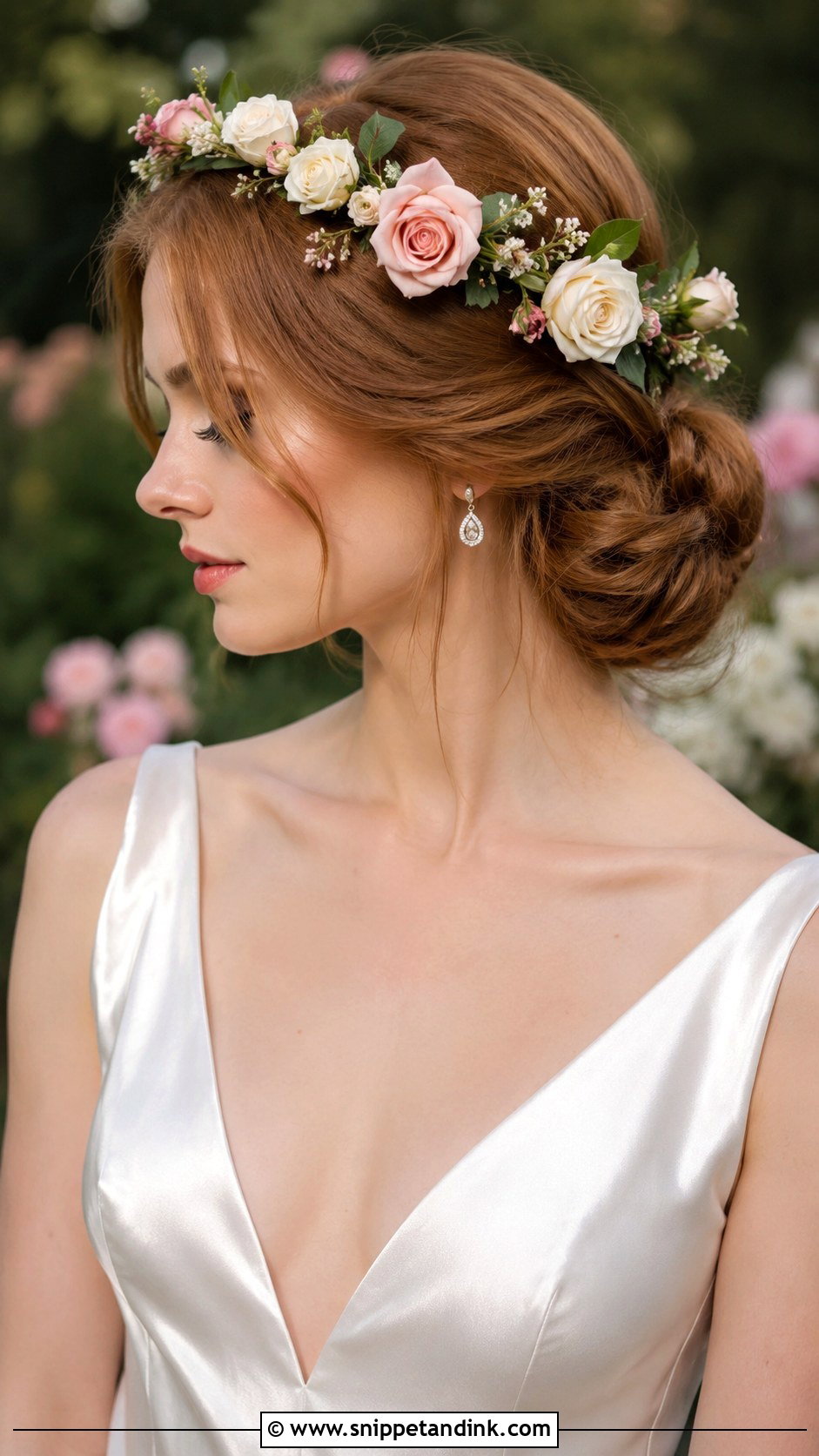 Low Bun With Floral Crown - Snippet and Ink - 20 Bridal Hair with Flower Crown Ideas