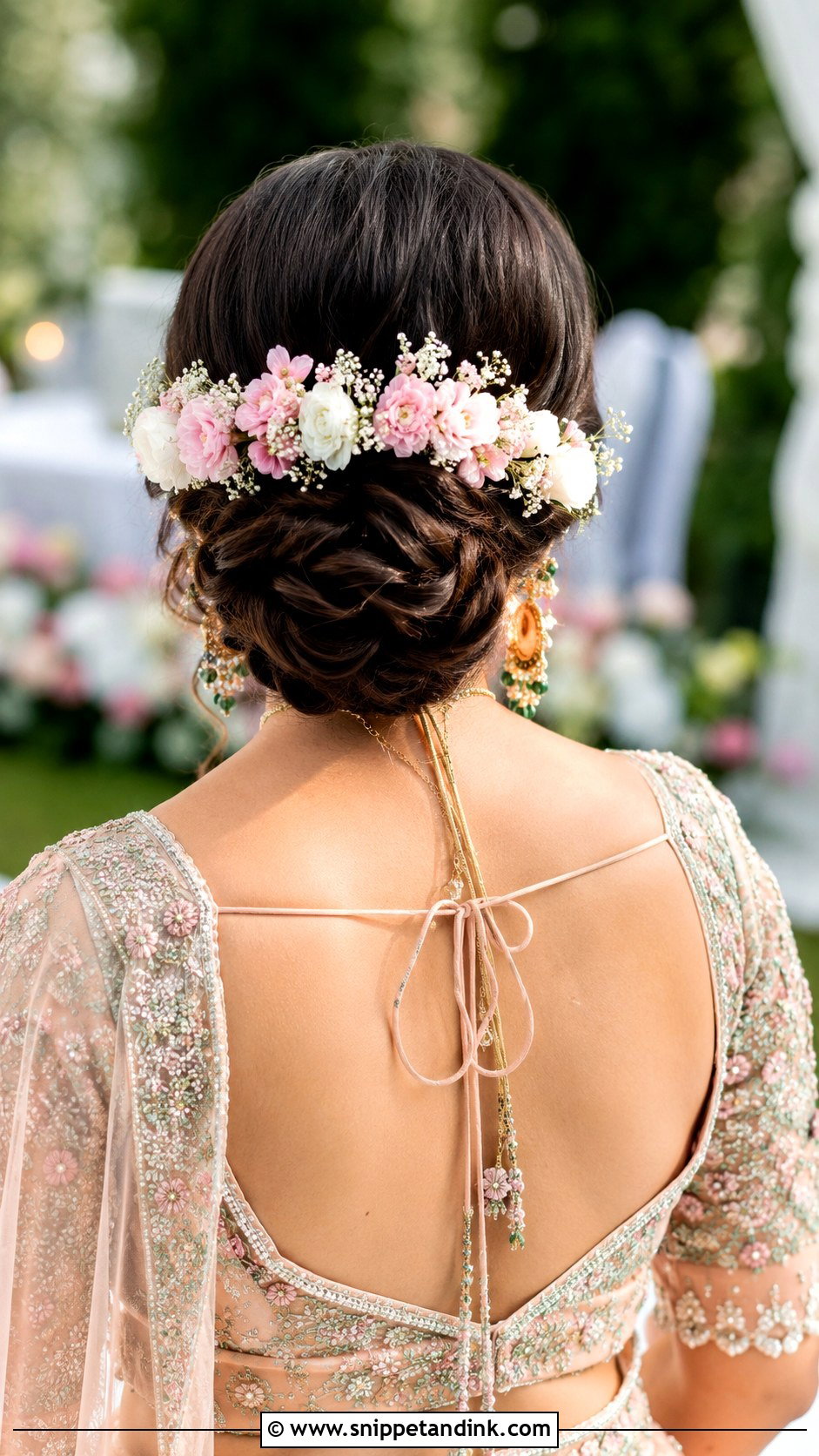 Low Bun With Floral Half Crown - Snippet and Ink - 25 Indian Wedding Bun Hairstyles