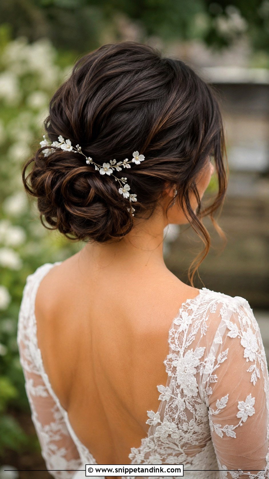 Low Bun With Floral Pins For Short Wedding Hair - Snippet and Ink - 15 Low Bun Short Wedding Hair Ideas