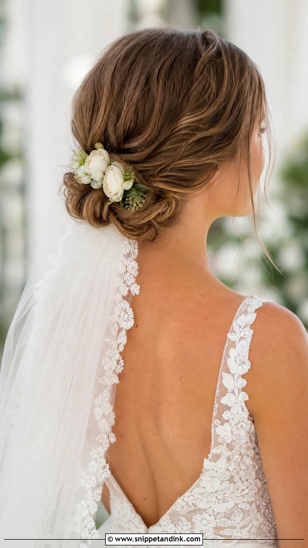 Low Bun With Floral Veil - Snippet and Ink - 20 Hair with Veil Ideas
