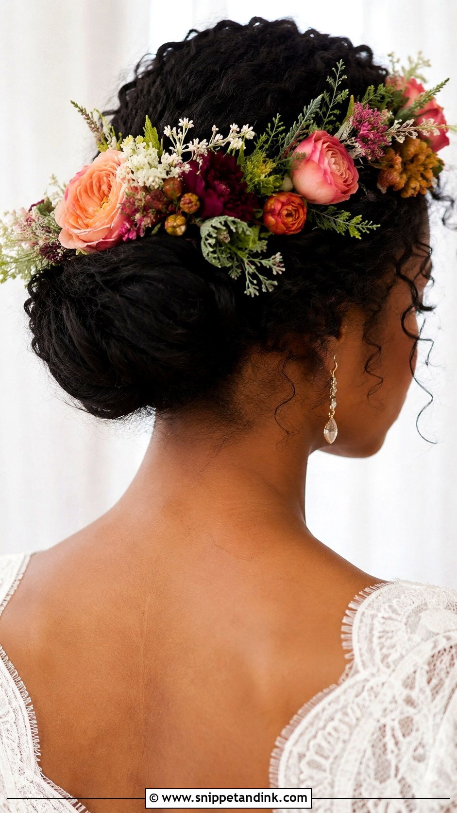 Low Bun With Flower Crown - Snippet and Ink - 20 Low Bun Wedding Hair Black Women Ideas