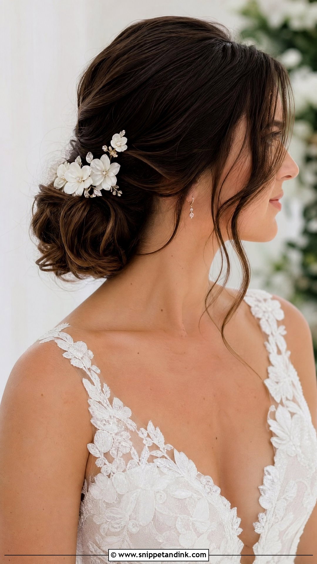 Low Bun With Flower Hair Pins - Snippet and Ink - 15 Flower Hair Pins Wedding Ideas