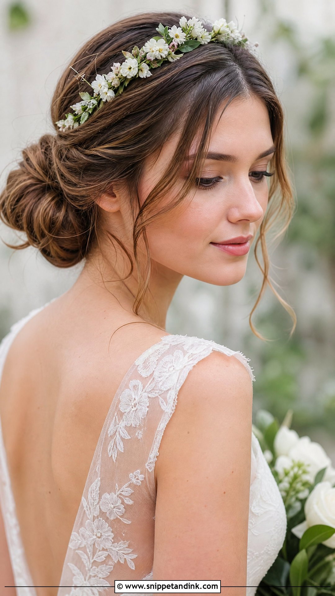 Low Bun With Flower Headband - Snippet and Ink - 20 Simple Wedding Hairstyles for Medium Hair