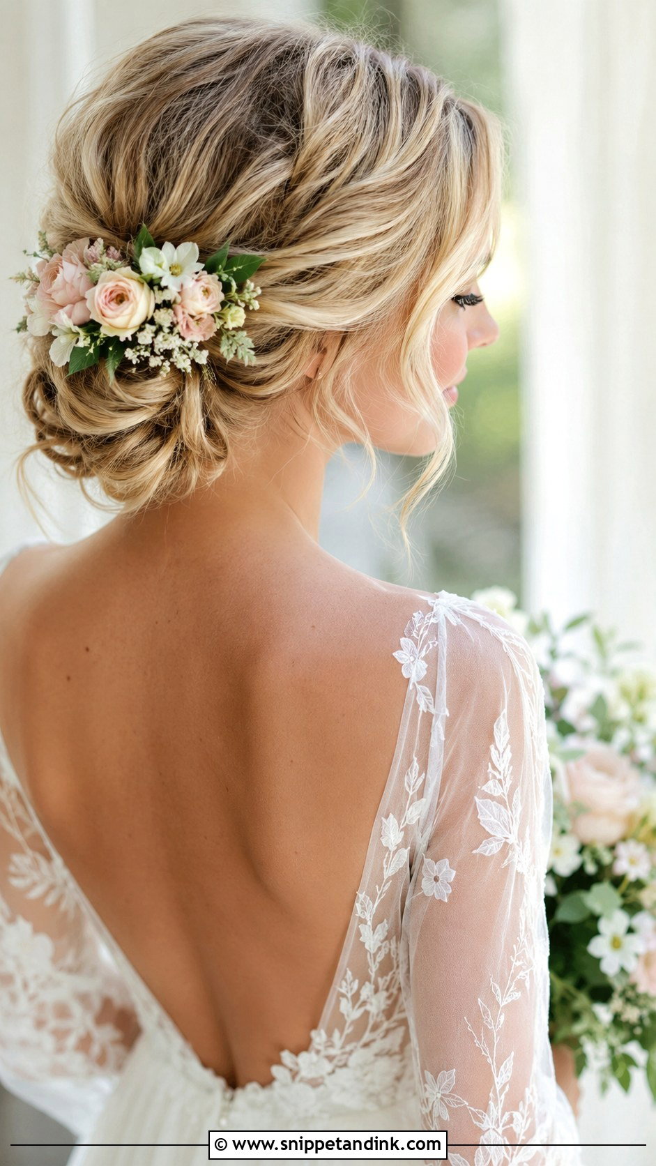 Low Bun With Flowers - Snippet and Ink - 20 Low Bridal Updo Ideas