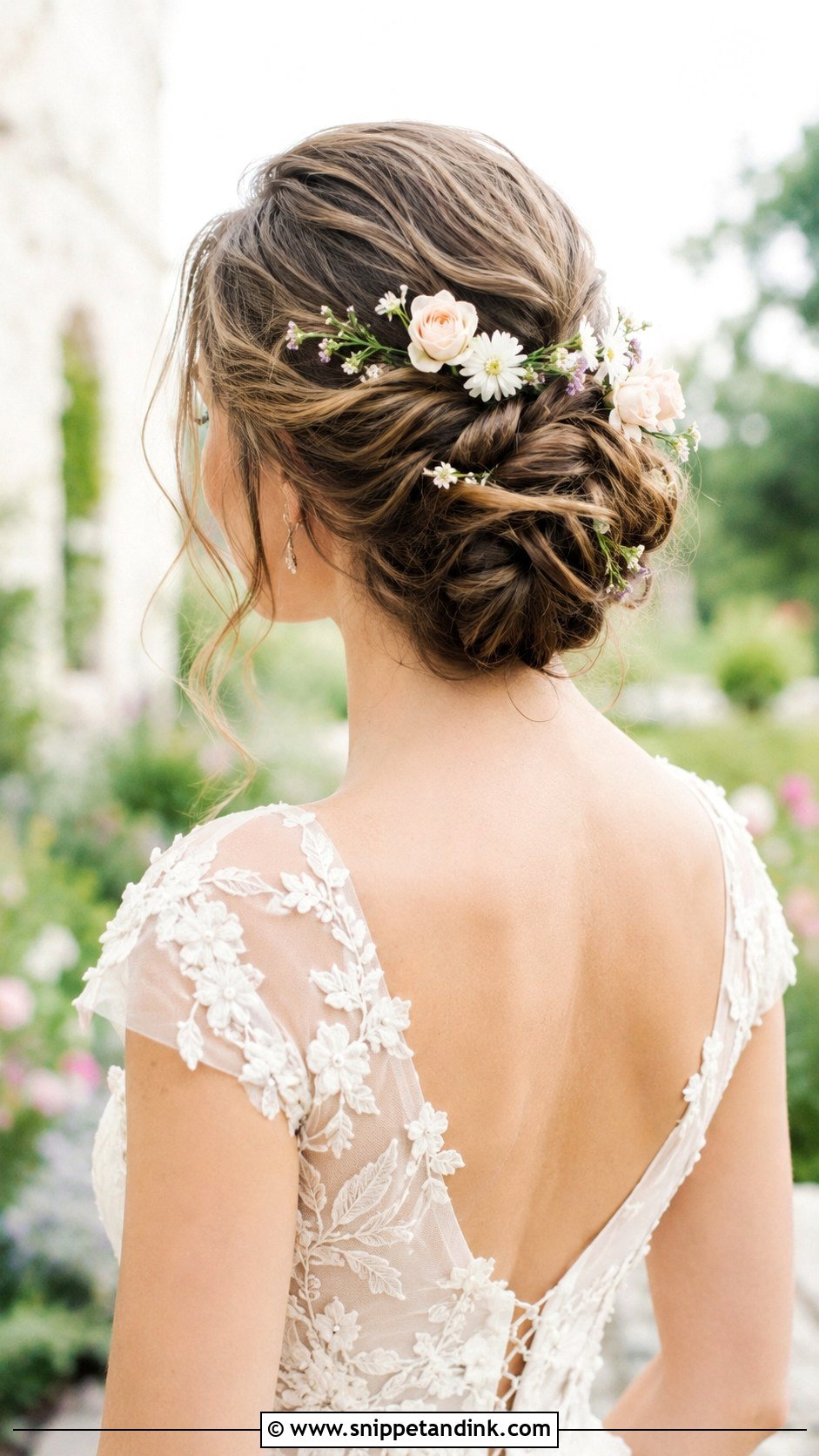 Low Bun With Flowers - Snippet and Ink - 25 Loose Low Bun Wedding Hair Ideas