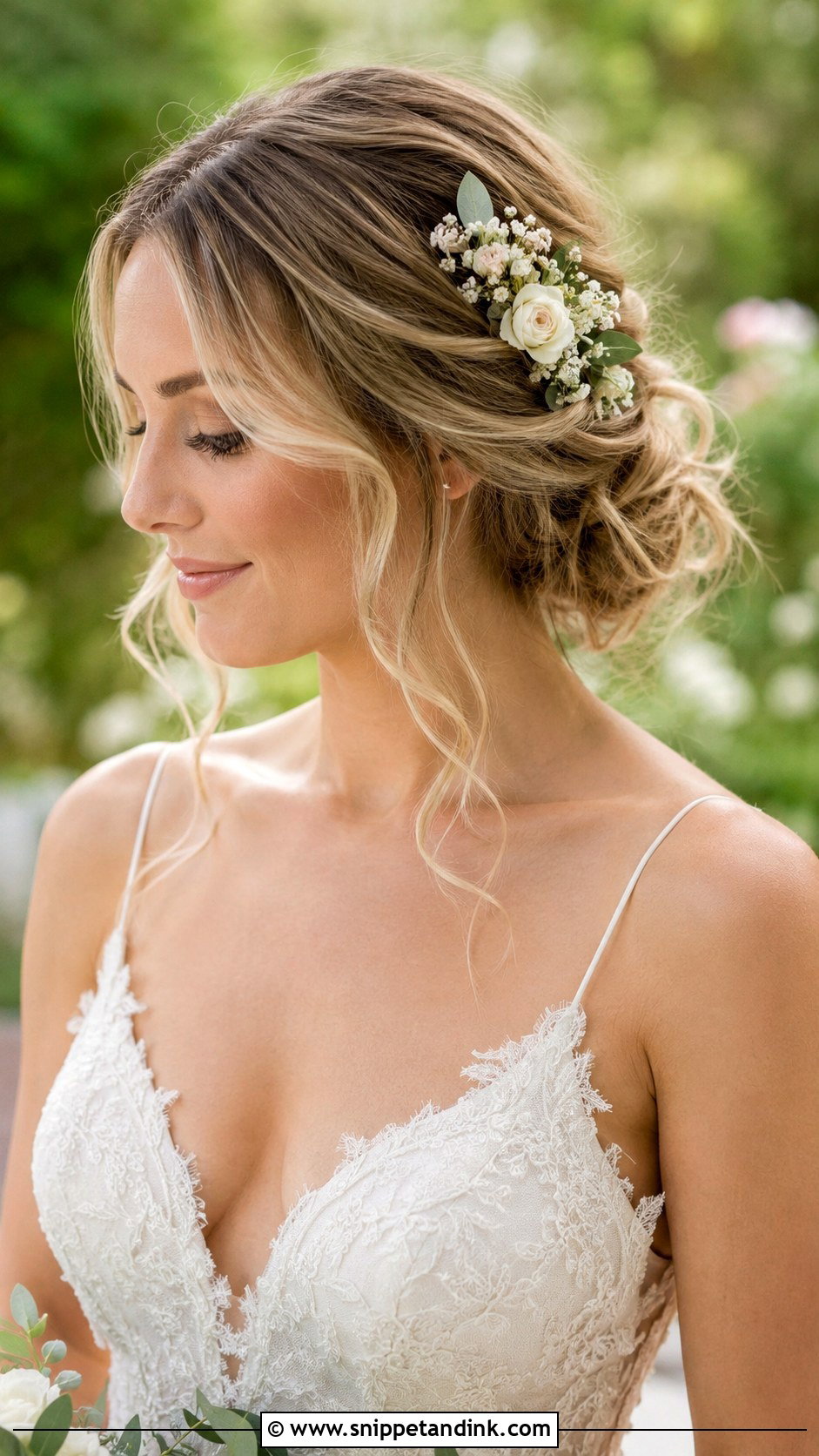 Low Bun With Flowers - Snippet and Ink - 25 Low Bun Wedding Hair Front View Ideas