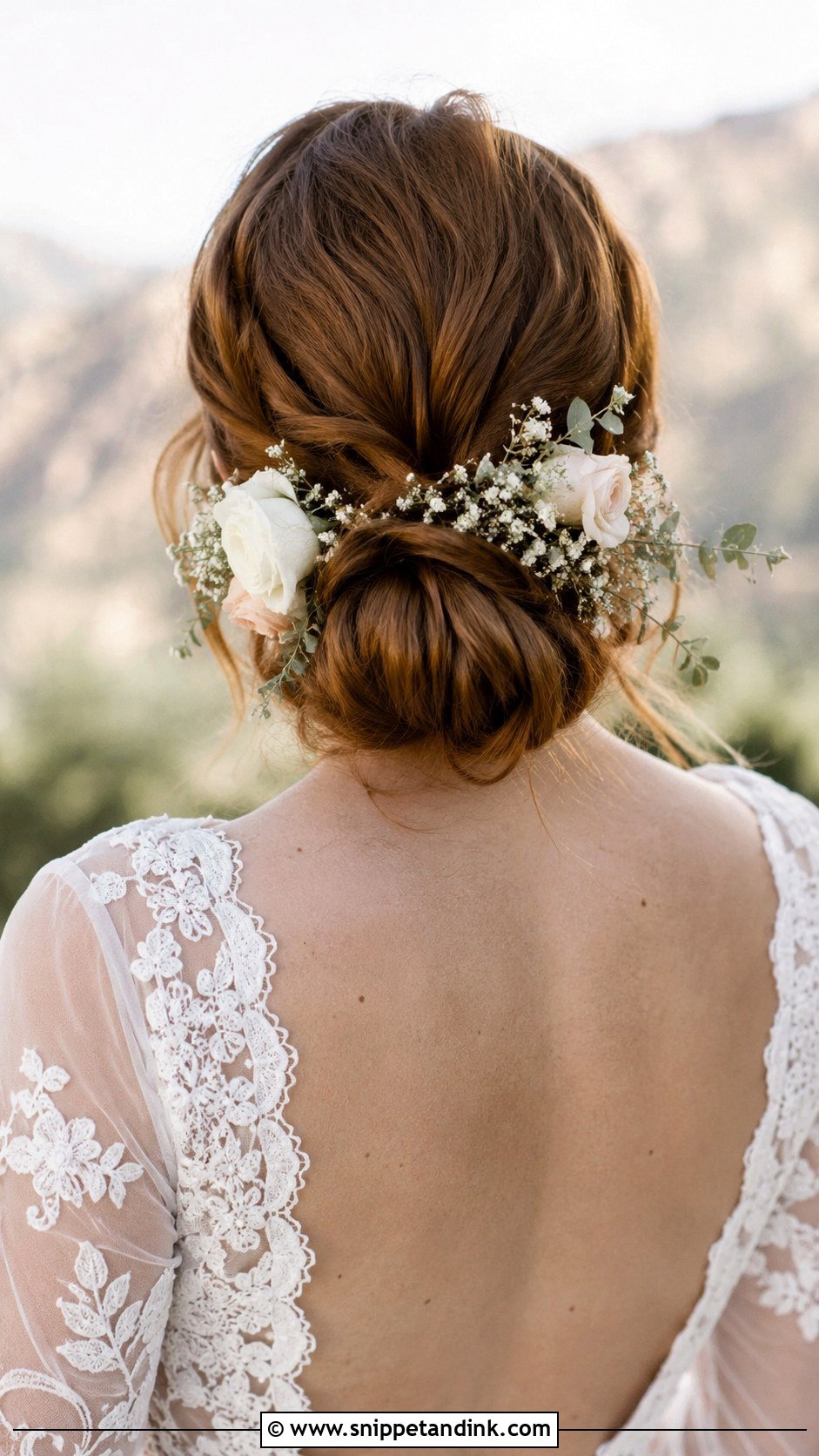 Low Bun With Flowers - Snippet and Ink - 30 Low Bun Bridal Hair Ideas