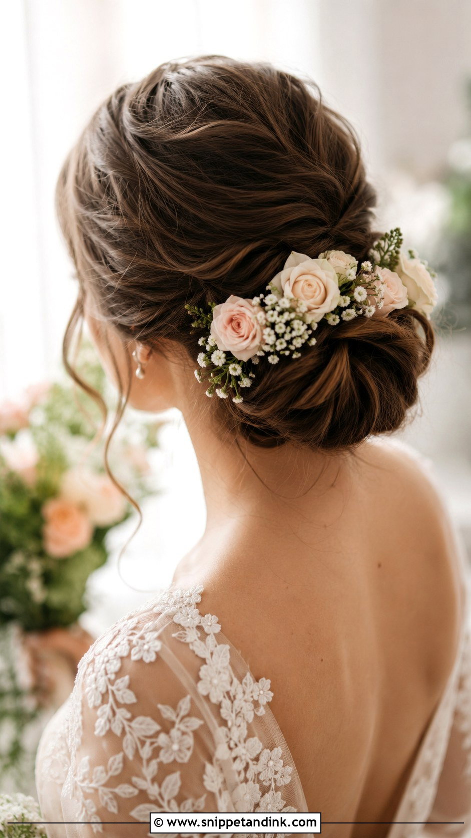 Low Bun With Flowers - Snippet and Ink - 35 Low Bun Wedding Hair Ideas