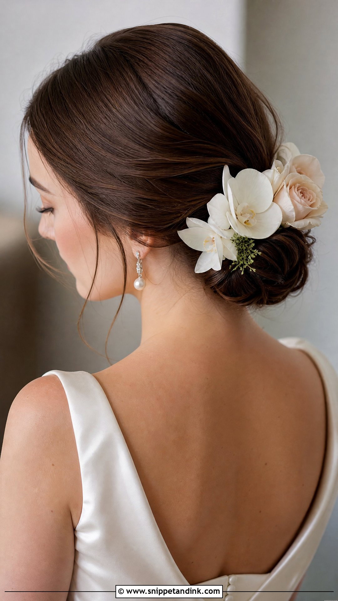 Low Bun With Flowers - Snippet and Ink - 15 Bride Flower Hair Ideas