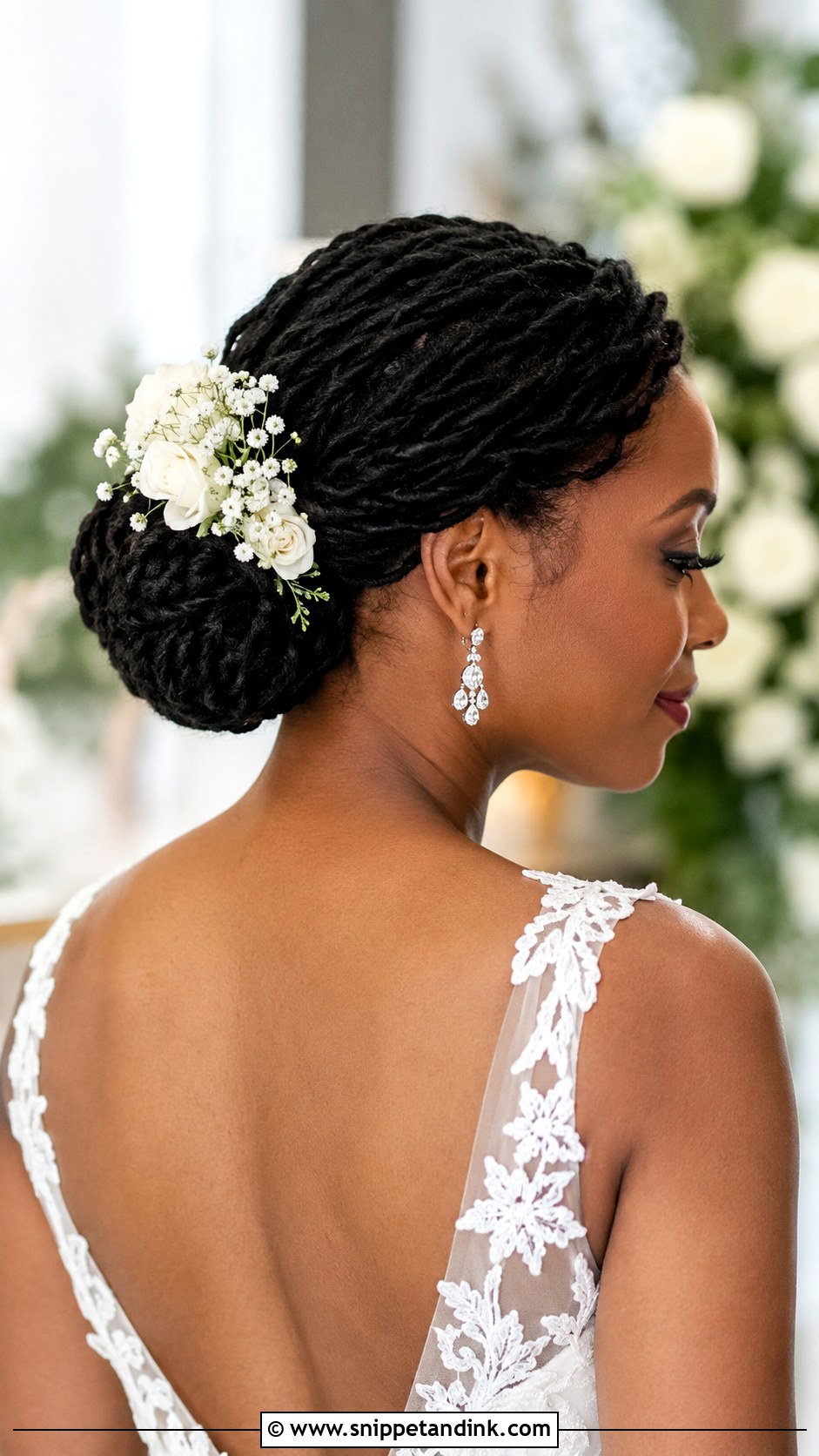 Low Bun With Fresh Flowers - Snippet and Ink - 25 Bridal Locs Hairstyles