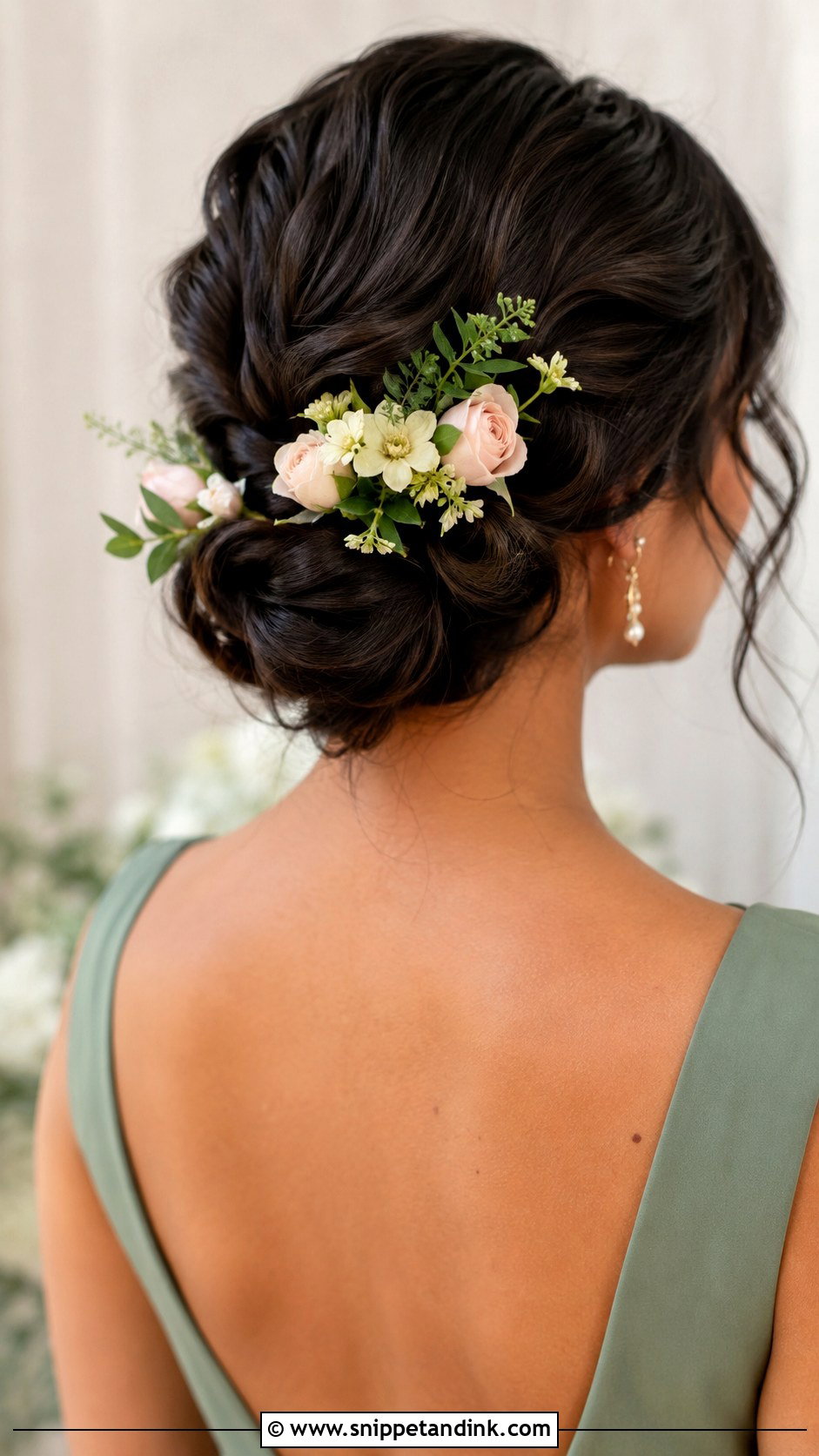 Low Bun With Fresh Flowers - Snippet and Ink - 20 Bridesmaid Low Bun Hairstyles