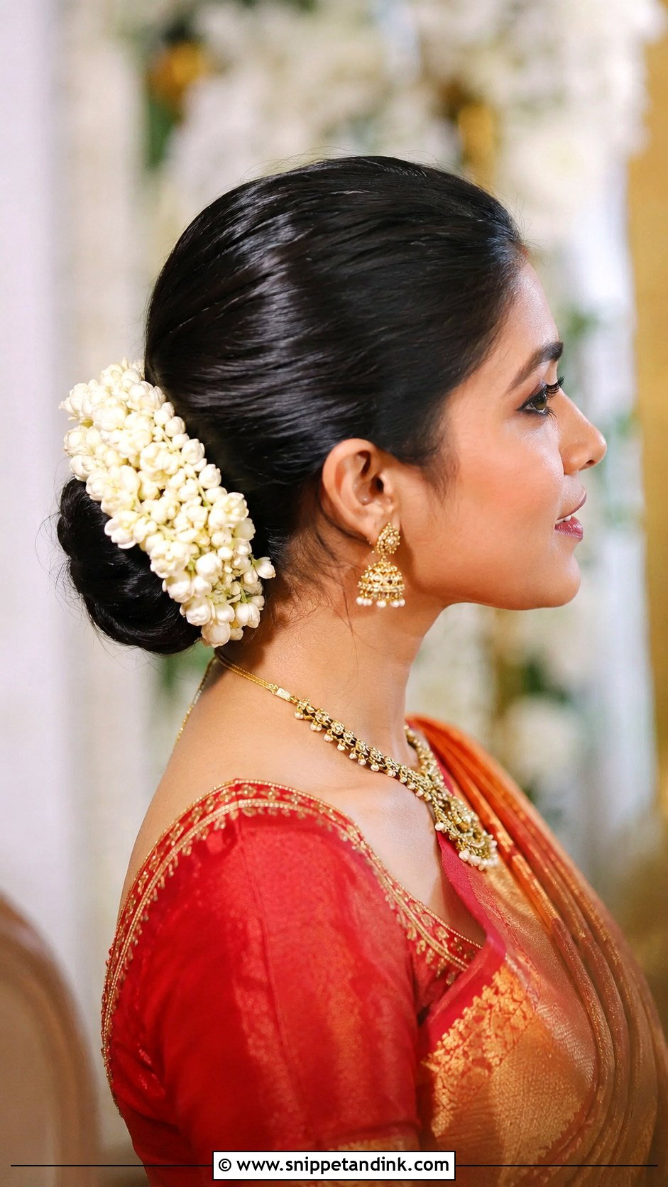 Low Bun With Fresh Jasmine Gajra - Snippet and Ink - 20 Desi Bridal Hair Ideas