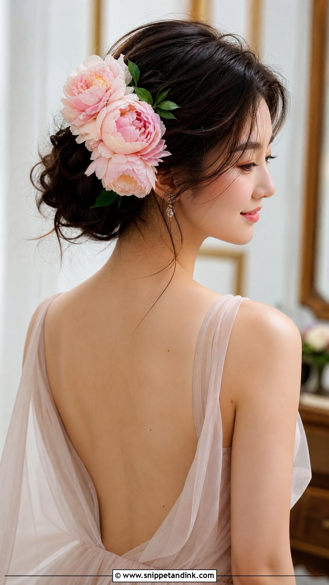 Low Bun With Fresh Peonies - Snippet and Ink - 25 Asian Wedding Hair Ideas