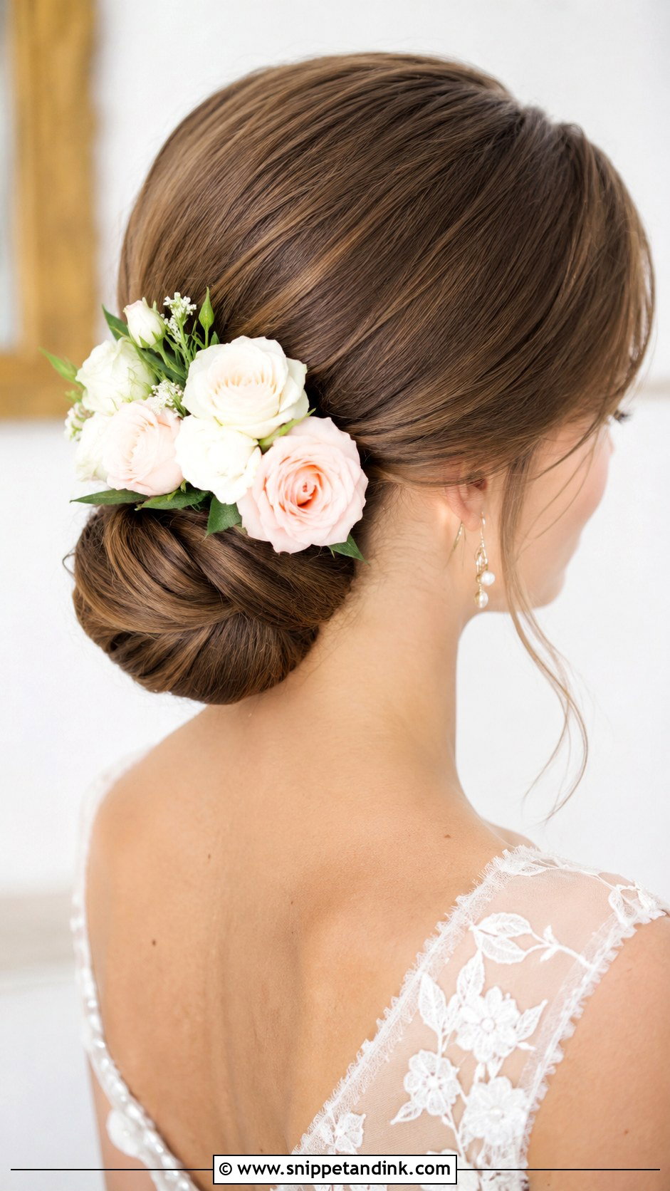 Low Bun With Fresh Roses - Snippet and Ink - 20 Flower Bun Hairstyle Wedding Bride Ideas