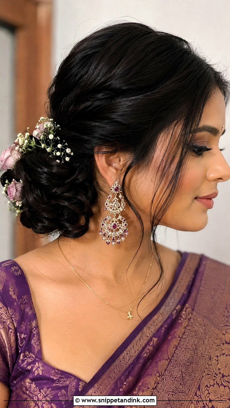 Low Bun With Front Curls - Snippet and Ink - 25 Indian Front Hair Styles for Wedding